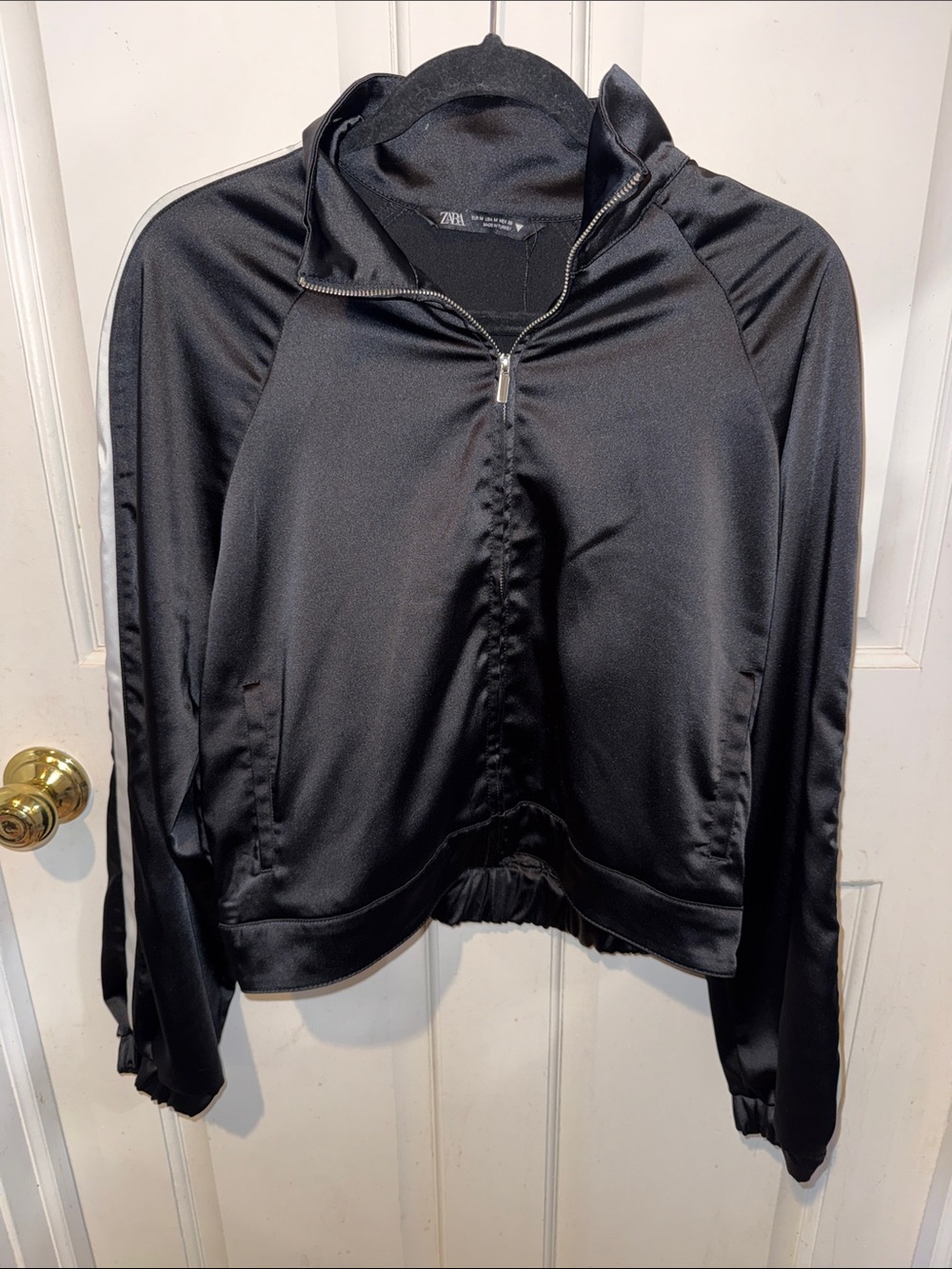Zara Black Satin Bomber Jacket with Subtle Stripe